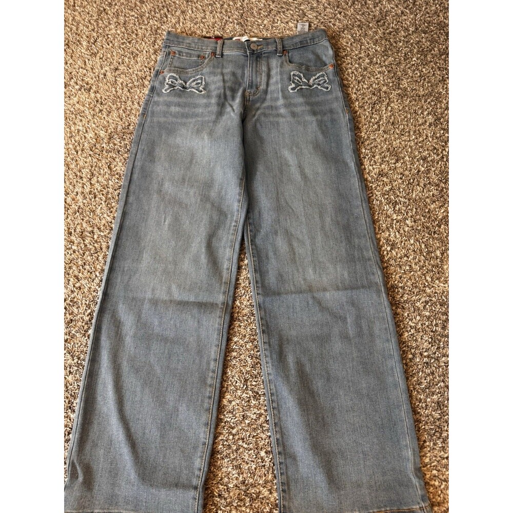 Levi’s Girls Size 16 Wide Leg Jeans Blue Bow Applique Distressed NWT